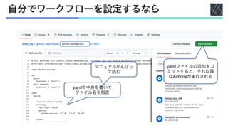 自分でワークフローを設定するなら
yamlの中身を書いて
ファイル名を指定
yamlファイルの追加をコ
ミットすると，それ以降
はActionsが実行される
マニュアルがんばっ
て読む
 