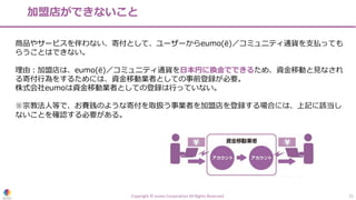 加盟店ができないこと
Copyright © eumo Corporation All Rights Reserved. 21
商品やサービスを伴わない、寄付として、ユーザーからeumo(ë)／コミュニティ通貨を⽀払っても
らうことはできない。
理由︓加盟店は、eumo(ë)／コミュニティ通貨を⽇本円に換⾦でできるため、資⾦移動と⾒なされ
る寄付⾏為をするためには、資⾦移動業者としての事前登録が必要。
株式会社eumoは資⾦移動業者としての登録は⾏っていない。
※宗教法⼈等で、お賽銭のような寄付を取扱う事業者を加盟店を登録する場合には、上記に該当し
ないことを確認する必要がある。
 