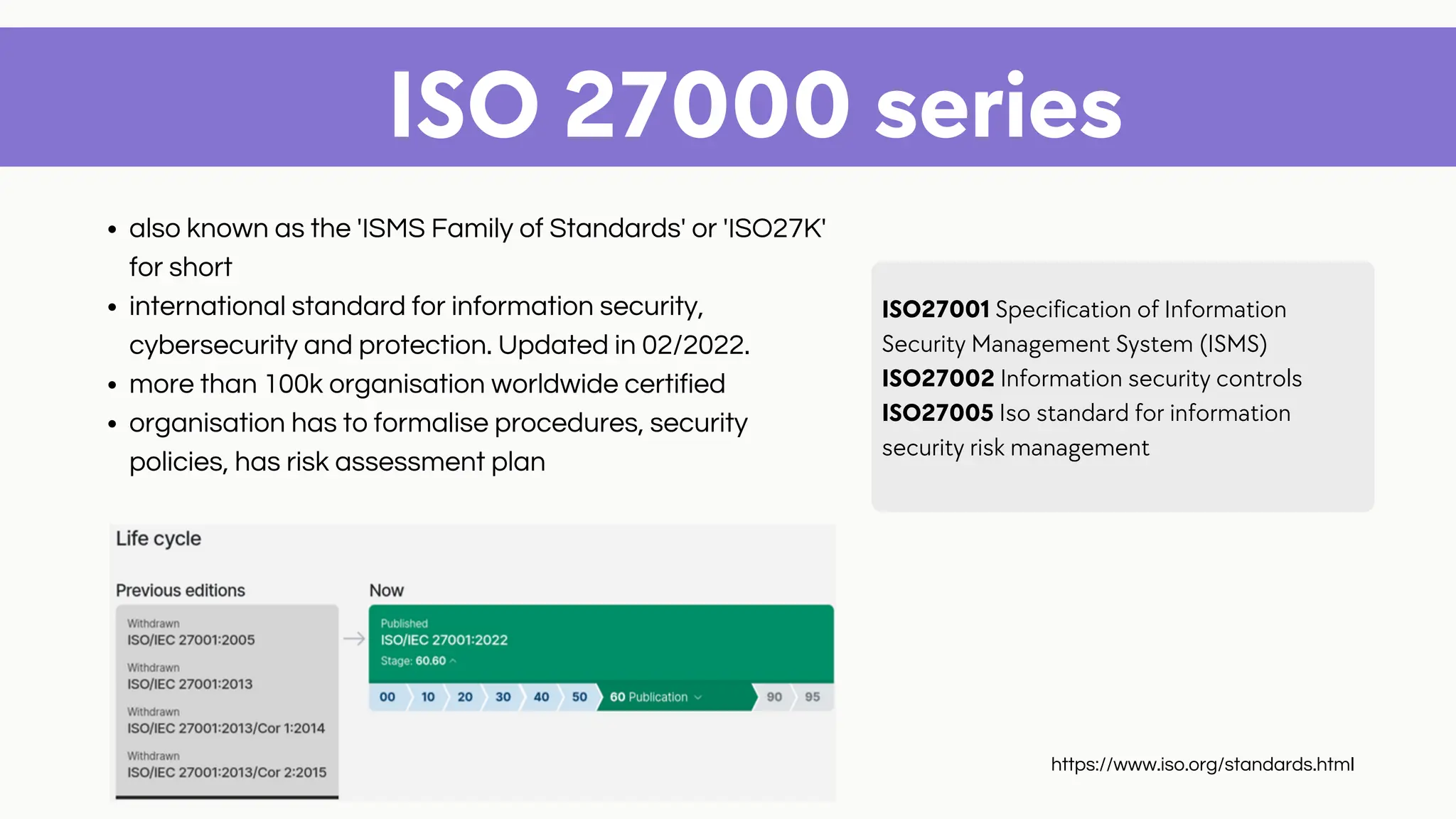 also known as the 'ISMS Family of Standards' or 'ISO27K'
for short
international standard for information security,
cybersecurity and protection. Updated in 02/2022.
more than 100k organisation worldwide certified
organisation has to formalise procedures, security
policies, has risk assessment plan
ISO 27000 series
ISO27001 Specification of Information
Security Management System (ISMS)
ISO27002 Information security controls
ISO27005 Iso standard for information
security risk management
https://www.iso.org/standards.html
 