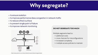 to ensure isolation
to improve performance (less congestion in network traffic
to reduce attack surface
to prevent single point of failure
to improve network monitoring
Why segregate?
additional costs
more chances for misconfigurations
increased complexity
multiple access policies to maintain
DO NOT SEGREGATE TOO MUCH
Multiple segments lead to:
https://www.zenarmor.com/docs/network-basics/network-segmentation
 