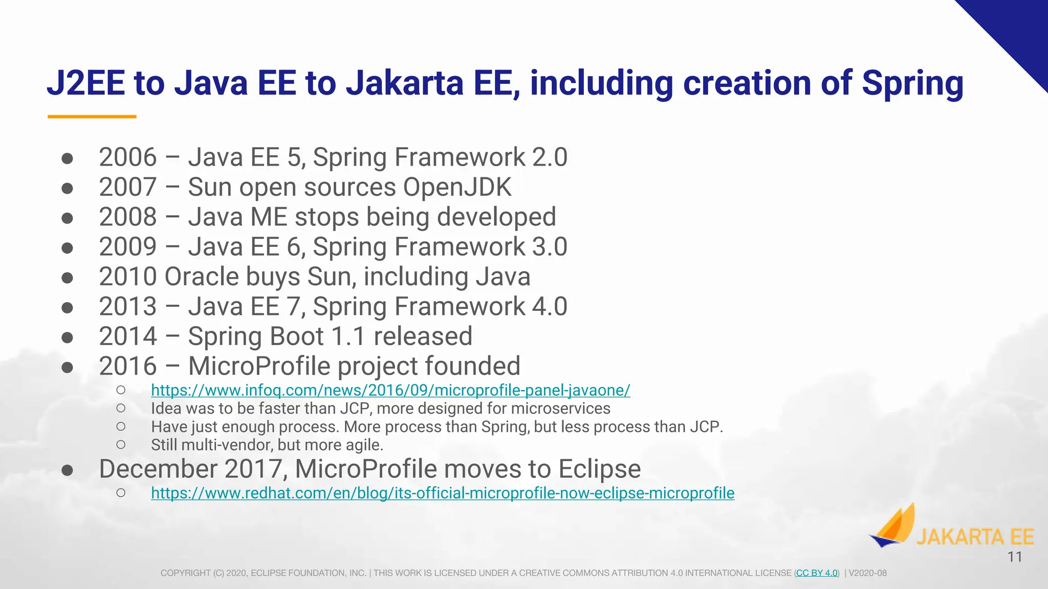 COPYRIGHT (C) 2020, ECLIPSE FOUNDATION, INC. | THIS WORK IS LICENSED UNDER A CREATIVE COMMONS ATTRIBUTION 4.0 INTERNATIONAL LICENSE (CC BY 4.0) | V2020-08
J2EE to Java EE to Jakarta EE, including creation of Spring
● 2006 – Java EE 5, Spring Framework 2.0
● 2007 – Sun open sources OpenJDK
● 2008 – Java ME stops being developed
● 2009 – Java EE 6, Spring Framework 3.0
● 2010 Oracle buys Sun, including Java
● 2013 – Java EE 7, Spring Framework 4.0
● 2014 – Spring Boot 1.1 released
● 2016 – MicroProfile project founded
○ https://www.infoq.com/news/2016/09/microprofile-panel-javaone/
○ Idea was to be faster than JCP, more designed for microservices
○ Have just enough process. More process than Spring, but less process than JCP.
○ Still multi-vendor, but more agile.
● December 2017, MicroProfile moves to Eclipse
○ https://www.redhat.com/en/blog/its-official-microprofile-now-eclipse-microprofile
11
 