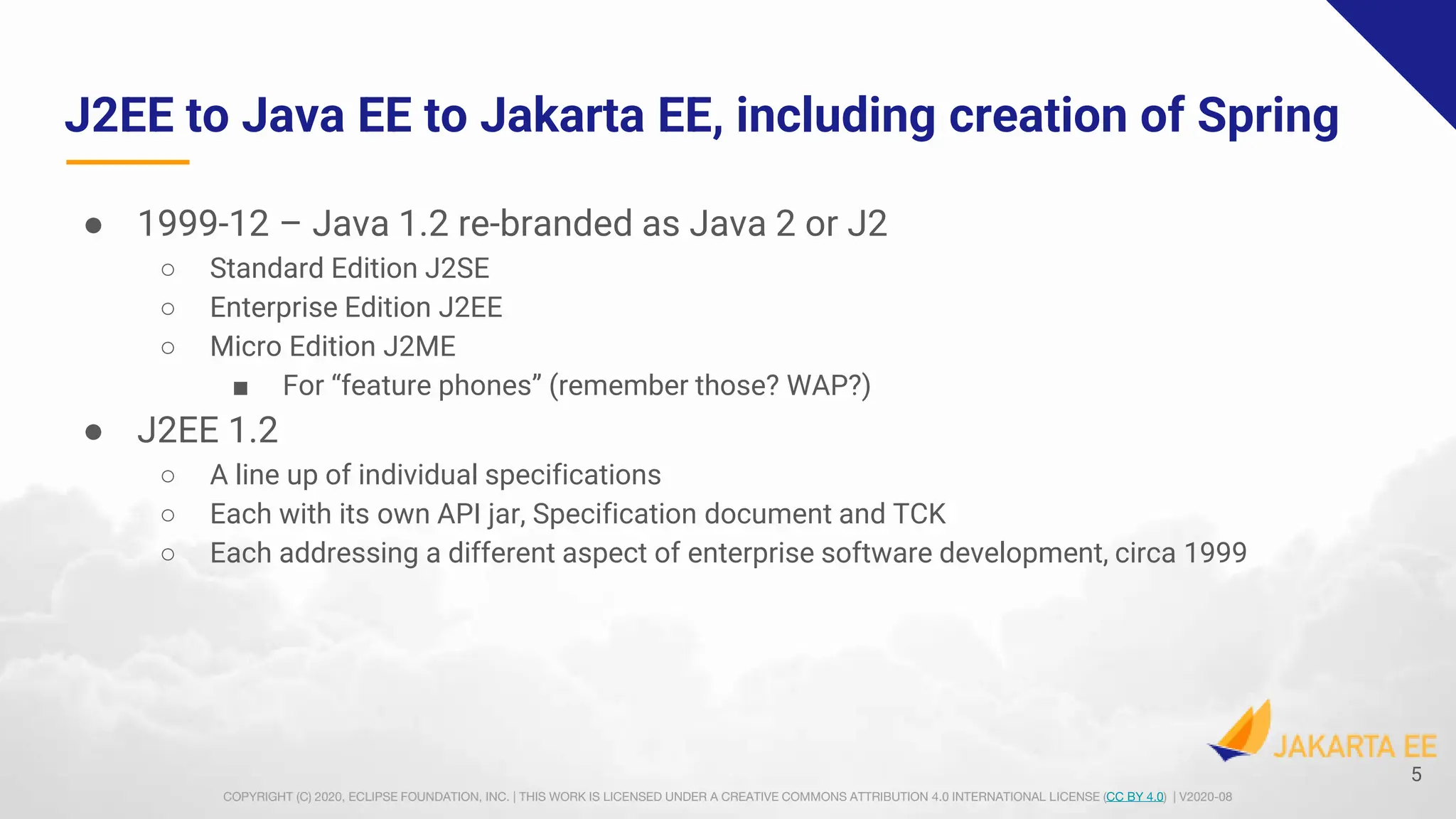 COPYRIGHT (C) 2020, ECLIPSE FOUNDATION, INC. | THIS WORK IS LICENSED UNDER A CREATIVE COMMONS ATTRIBUTION 4.0 INTERNATIONAL LICENSE (CC BY 4.0) | V2020-08
J2EE to Java EE to Jakarta EE, including creation of Spring
● 1999-12 – Java 1.2 re-branded as Java 2 or J2
○ Standard Edition J2SE
○ Enterprise Edition J2EE
○ Micro Edition J2ME
■ For “feature phones” (remember those? WAP?)
● J2EE 1.2
○ A line up of individual specifications
○ Each with its own API jar, Specification document and TCK
○ Each addressing a different aspect of enterprise software development, circa 1999
5
 