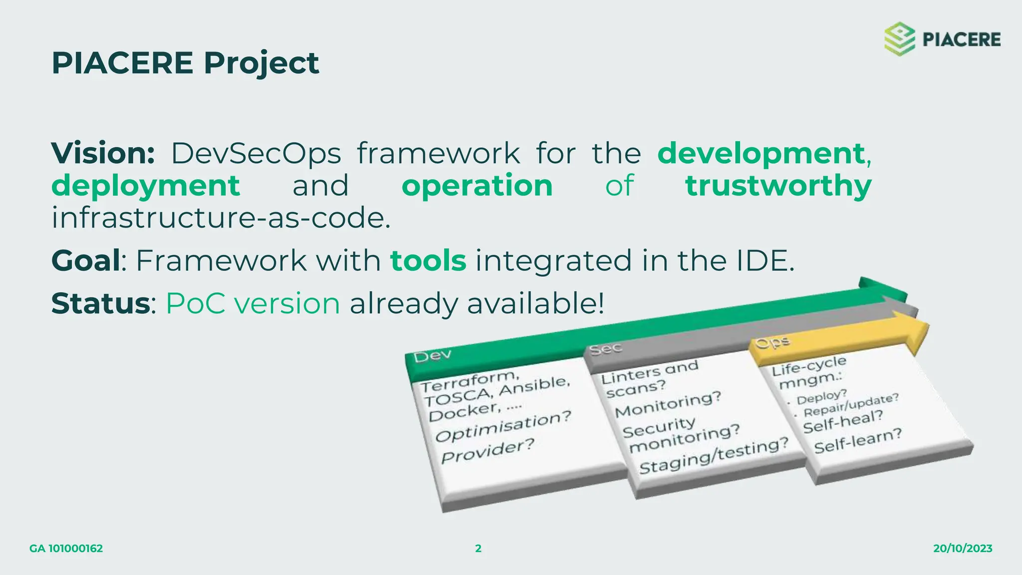 2 20/10/2023
GA 101000162
Vision: DevSecOps framework for the development,
deployment and operation of trustworthy
infrastructure-as-code.
Goal: Framework with tools integrated in the IDE.
Status: PoC version already available!
PIACERE Project
 