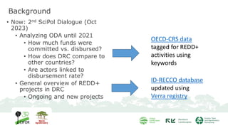 Background
• Now: 2nd SciPol Dialogue (Oct
2023)
• Analyzing ODA until 2021
• How much funds were
committed vs. disbursed?
• How does DRC compare to
other countries?
• Are actors linked to
disbursement rate?
• General overview of REDD+
projects in DRC
• Ongoing and new projects
OECD-CRS data
tagged for REDD+
activities using
keywords
ID-RECCO database
updated using
Verra registry
 