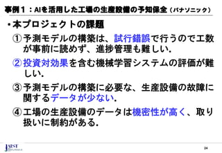 24
事例１：AIを活用した工場の生産設備の予知保全（パナソニック）
•本プロジェクトの課題
①予測モデルの構築は、試行錯誤で行うので工数
が事前に読めず、進捗管理も難しい．
②投資対効果を含む機械学習システムの評価が難
しい．
③予測モデルの構築に必要な、生産設備の故障に
関するデータが少ない．
④工場の生産設備のデータは機密性が高く、取り
扱いに制約がある．
 