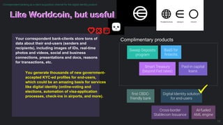 ﬁrst CBDC-
friendly bank
Without any additional integrations
Once integrated BRIDGES
supercharges any bank
MVP stage for bank-partners
(see the process in action)
1. We allocate a team for bank
onboarding and integrate of charge
2. The compliance engine and core-
banking functionality are up and
running within a month (better - week)
3. Bank-partner gets proﬁt on
bankﬁntech clients by reusing
existing infrastructure in the ﬁrst
month
Future products
12
Sweep Deposits
program
Smart Treasury
(beyond Fed rates)
BaaS for
ﬁntechs
Paid-in capital
loans
Cross-border
Stablecoin Issuance
AI-fueled
AML engine
Digital Identity solution
for end-users
supercharges
Product
Complimentary products
Correspondent banking as a client acquisition channel for the digital identity product
Like Worldcoin, but useful
Like Worldcoin, but useful
Your correspondent bank-clients store tons of
data about their end-users (senders and
recipients), including images of IDs, real-time
photos and videos, social and business
connections, presentations and docs, reasons
for transactions, etc.
You generate thousands of new government-
accepted KYC-ed profiles for end-users,
which could be an amazing basis for services
like digital identity (online-voting and
elections, automation of visa-application
processes, check-ins in airports, and more).
 