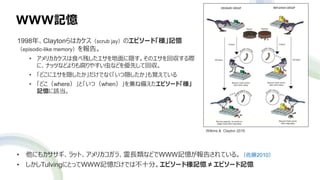 WWWӛ
1998ꡢClaytonϥscrub jayΥԥ`ɡӛ
episodic-like memory档
? ꥫʳٲФLΥ؅H
ˡʥåĤʤɤⸯ䤹ʤɤȤƻ؅
? ɤ˥LǤʤLҙƤ
? ɤwhereȡģwhen͂䤨ԥ`ɡ
ӛԓ
Wilkins & Clayton 2019
? ˤ⥫åȡꥫ顢LʤɤWWWӛ椵Ƥ롣2010
? TulvingˤȤäWWWӛǤϲʮ֡ԥ`ɘӛ  ԥ`ӛ
 