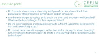 13
Discussion points
• Do forecasts at company and country level provide a clear view of the future
pathways for steel production, demand and carbon emissions?
• Are the technologies to reduce emissions in the short and long-term well identified?
What are the key challenges for their implementation?
• Do the existing policies and regulations provide sufficient support for decarbonising
iron and steelmaking assets?
• Do current decarbonisation projects in the steel sector manage to attract financing?
Is there sufficient financial support to create a level-playing field for decarbonisation
technologies?
 