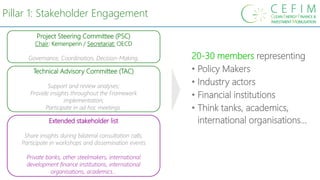 20-30 members representing
• Policy Makers
• Industry actors
• Financial institutions
• Think tanks, academics,
international organisations…
Pillar 1: Stakeholder Engagement
Project Steering Committee (PSC)
Chair: Kemenperin / Secretariat: OECD
Governance, Coordination, Decision-Making.
Technical Advisory Committee (TAC)
Support and review analyses;
Provide insights throughout the Framework
implementation;
Participate in ad hoc meetings.
Extended stakeholder list
Share insights during bilateral consultation calls;
Participate in workshops and dissemination events
Private banks, other steelmakers, international
development finance institutions, international
organisations, academics…
 