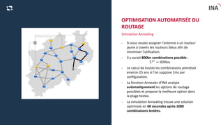 C2 - Eingeschränkte Verwendung
INA
Simulation Annealing
• Si vous voulez assigner l'antenne à un routeur
jaune à travers les routeurs bleus afin de
minimiser l'utilisation.
• Il y aurait 800bn combinations possible :
517
= 800bn
• Le calcul de toutes les combinaisons prendrait
environ 25 ans si l'on suppose 1ms par
configuration.
• La fonction Annealer d'INA analyse
automatiquement les options de routage
possibles et propose la meilleure option dans
la plage testée.
• La simulation Annealing trouve une solution
optimisée en 60 secondes après 1000
combinaisons testées.
OPTIMISATION AUTOMATISÉE DU
ROUTAGE
 