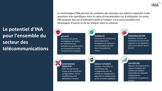 C2 - Eingeschränkte Verwendung
INA
SUSTAINABILITY
Make the network more
sustainable by discovering
particularly energy-
intensive components,
and reduce CO2
consumption in the entire
network
SÉCURITÉ
Détection des points
névralgiques du réseau,
qui alimentent par
exemple une grande partie
de la population ou des
infrastructures critiques
RÉSEAU FUTURISTE
Analyse, simulation et
planification des
changements afin de
vérifier les changements
apportés au réseau avant
qu'ils ne soient appliqués
MAINTANANCE
PREDICTIVE
Éviter les pannes de
réseau et les mauvaises
configurations, car les
incohérences sont
détectées à l'avance
COUVERTURE
Mesurer la couverture du
réseau et évaluer les
options permettant
d'atteindre les objectifs
d'expansion et
d'améliorer la qualité du
service
PERSONNALISATION
Modéliser d'autres cas
individuels et trouver des
réponses à vos questions
au fur et à mesure de vos
besoins
Le potentiel d'INA
pour l'ensemble du
secteur des
télécommunications
La technologie d'INA permet de combiner des données qui aident à répondre à des
questions très spécifiques dans le cadre d'innombrables cas d'utilisation. En outre,
INA propose des cas d'utilisation prêts à l'emploi. Il est aussi possible d'en
développer d'autres et de les intégrer dans la solution.
DURABILITÉ
Découvrir les composants
particulièrement
énergivores et réduire la
consommation de CO2
dans l'ensemble du
réseau
 