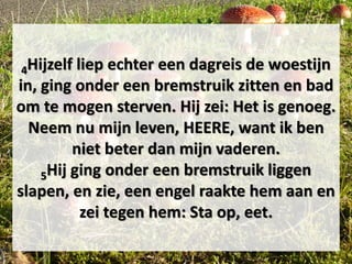 4Hijzelf liep echter een dagreis de woestijn
in, ging onder een bremstruik zitten en bad
om te mogen sterven. Hij zei: Het is genoeg.
Neem nu mijn leven, HEERE, want ik ben
niet beter dan mijn vaderen.
5Hij ging onder een bremstruik liggen
slapen, en zie, een engel raakte hem aan en
zei tegen hem: Sta op, eet.
 