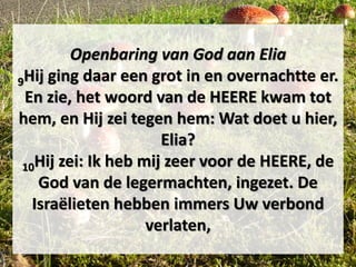 Openbaring van God aan Elia
9Hij ging daar een grot in en overnachtte er.
En zie, het woord van de HEERE kwam tot
hem, en Hij zei tegen hem: Wat doet u hier,
Elia?
10Hij zei: Ik heb mij zeer voor de HEERE, de
God van de legermachten, ingezet. De
Israëlieten hebben immers Uw verbond
verlaten,
 