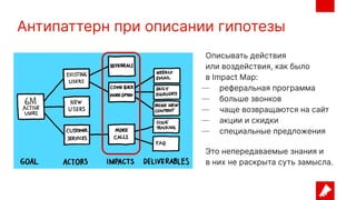 Антипаттерн при описании гипотезы
Описывать действия
или воздействия, как было
в Impact Map:
— реферальная программа
— больше звонков
— чаще возвращаются на сайт
— акции и скидки
— специальные предложения
Это непередаваемые знания и
в них не раскрыта суть замысла.
 