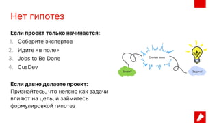 Нет гипотез
Если проект только начинается:
1. Соберите экспертов
2. Идите «в поле»
3. Jobs to Be Done
4. CusDev
Если давно делаете проект:
Признайтесь, что неясно как задачи
влияют на цель, и займитесь
формулировкой гипотез
 