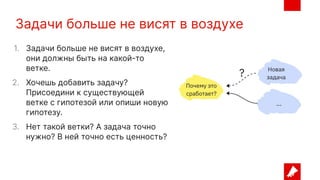 Задачи больше не висят в воздухе
1. Задачи больше не висят в воздухе,
они должны быть на какой-то
ветке.
2. Хочешь добавить задачу?
Присоедини к существующей
ветке с гипотезой или опиши новую
гипотезу.
3. Нет такой ветки? А задача точно
нужно? В ней точно есть ценность?
 