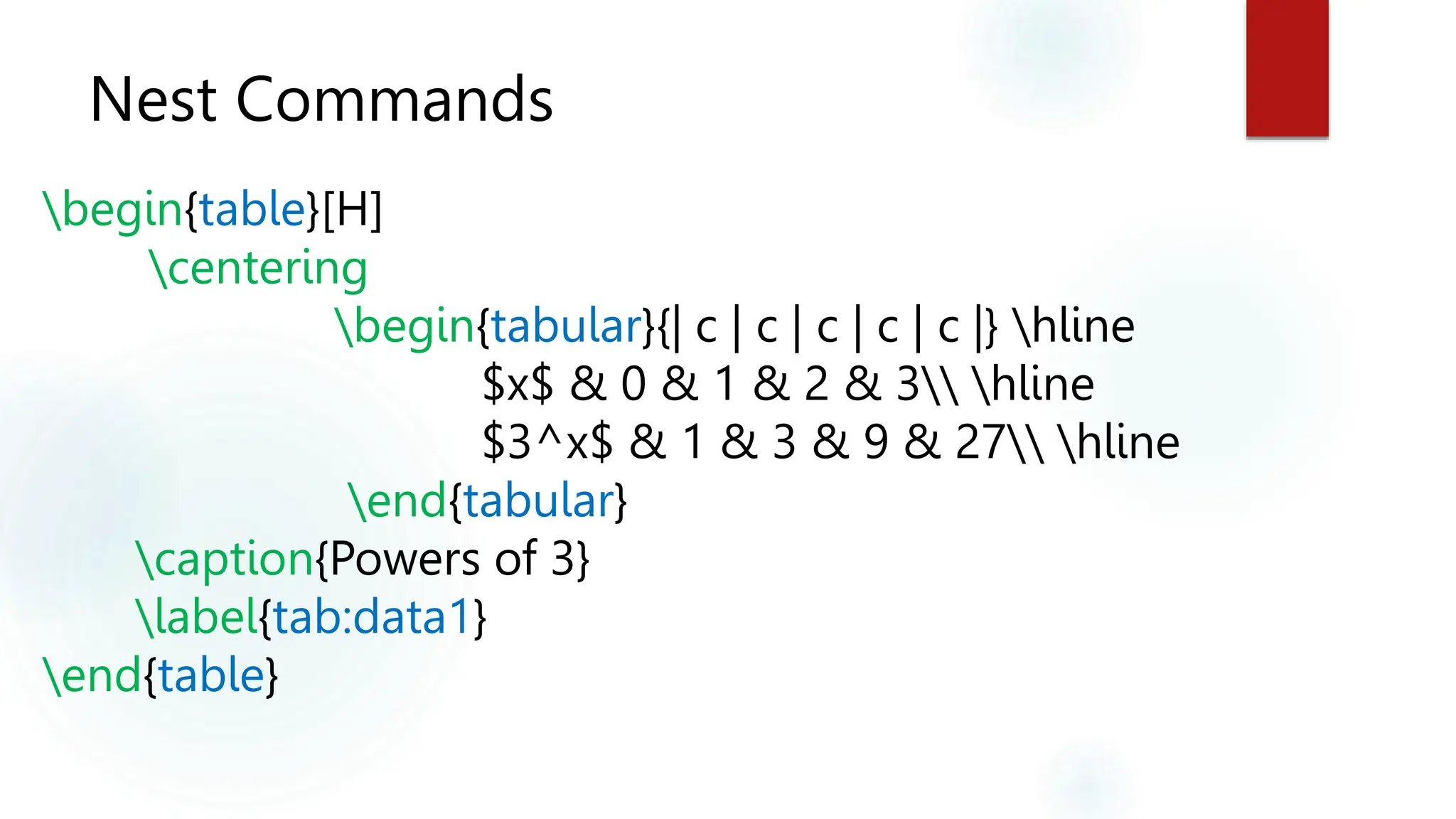 Nest Commands
begin{table}[H]
centering
begin{tabular}{| c | c | c | c | c |} hline
$x$ & 0 & 1 & 2 & 3 hline
$3^x$ & 1 & 3 & 9 & 27 hline
end{tabular}
caption{Powers of 3}
label{tab:data1}
end{table}
 
