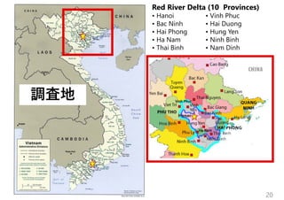 Red River Delta (10 Provinces)
• Hanoi • Vinh Phuc
• Bac Ninh • Hai Duong
• Hai Phong • Hung Yen
• Ha Nam • Ninh Binh
• Thai Binh • Nam Dinh
20
調査地
 