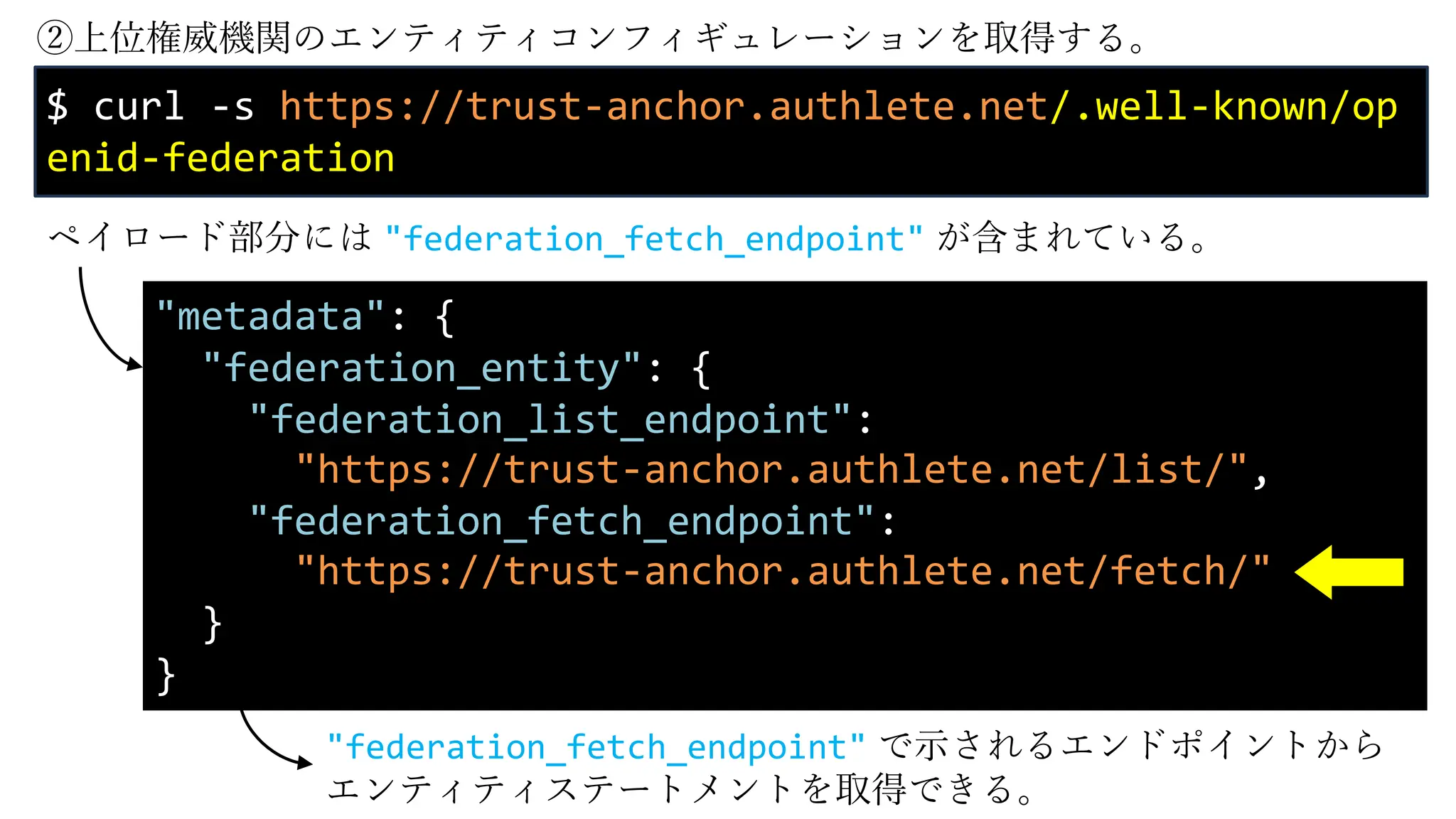 ②上位権威機関のエンティティコンフィギュレーションを取得する。
$ curl -s https://trust-anchor.authlete.net/.well-known/op
enid-federation
"metadata": {
"federation_entity": {
"federation_list_endpoint":
"https://trust-anchor.authlete.net/list/",
"federation_fetch_endpoint":
"https://trust-anchor.authlete.net/fetch/"
}
}
ペイロード部分には "federation_fetch_endpoint" が含まれている。
"federation_fetch_endpoint" で⽰されるエンドポイントから
エンティティステートメントを取得できる。
 