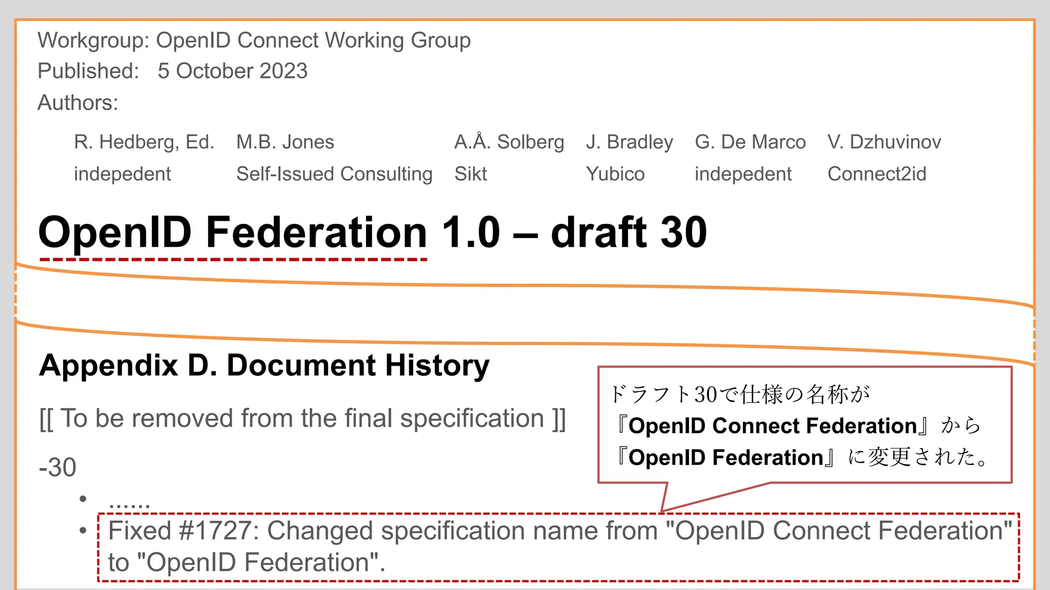 R. Hedberg, Ed. M.B. Jones A.Å. Solberg J. Bradley G. De Marco V. Dzhuvinov
indepedent Self-Issued Consulting Sikt Yubico indepedent Connect2id
Appendix D. Document History
[[ To be removed from the final specification ]]
-30
• ......
• Fixed #1727: Changed specification name from "OpenID Connect Federation"
to "OpenID Federation".
Workgroup: OpenID Connect Working Group
Published: 5 October 2023
Authors:
OpenID Federation 1.0 – draft 30
ドラフト30で仕様の名称が
『OpenID Connect Federation』から
『OpenID Federation』に変更された。
 
