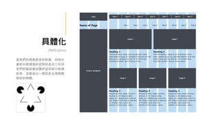 具體化
(Reification)
當我們的視覺感受到刺激，同時也
會對外部環境的空間訊息產生解讀，
我們的腦袋會試圖把這些缺口給補
起來，並創造出一個訊息去理解觀
察到的物體。
 