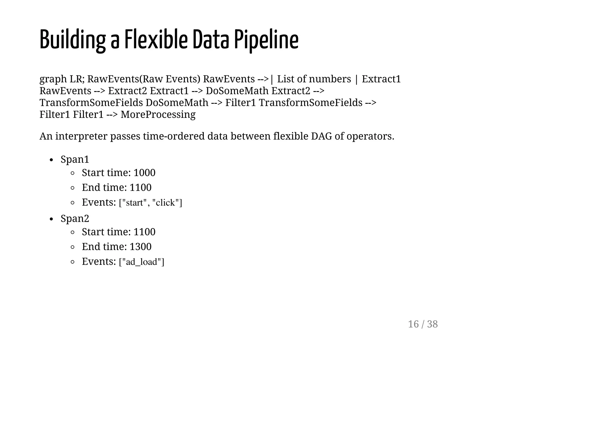 Building a Flexible Data Pipeline
graph LR; RawEvents(Raw Events) RawEvents -->| List of numbers | Extract1
RawEvents --> Extract2 Extract1 --> DoSomeMath Extract2 -->
TransformSomeFields DoSomeMath --> Filter1 TransformSomeFields -->
Filter1 Filter1 --> MoreProcessing
An interpreter passes time-ordered data between flexible DAG of operators.
Span1
Start time: 1000
End time: 1100
Events: ["start", "click"]
Span2
Start time: 1100
End time: 1300
Events: ["ad_load"]
16 / 38
 
