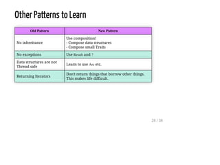 Other Patterns to Learn
Old Pattern New Pattern
No inheritance
Use composition!
- Compose data structures
- Compose small Traits
No exceptions Use Result and ?
Data structures are not
Thread safe
Learn to use Arc etc.
Returning Iterators
Don't return things that borrow other things.
This makes life difficult.
26 / 38
 