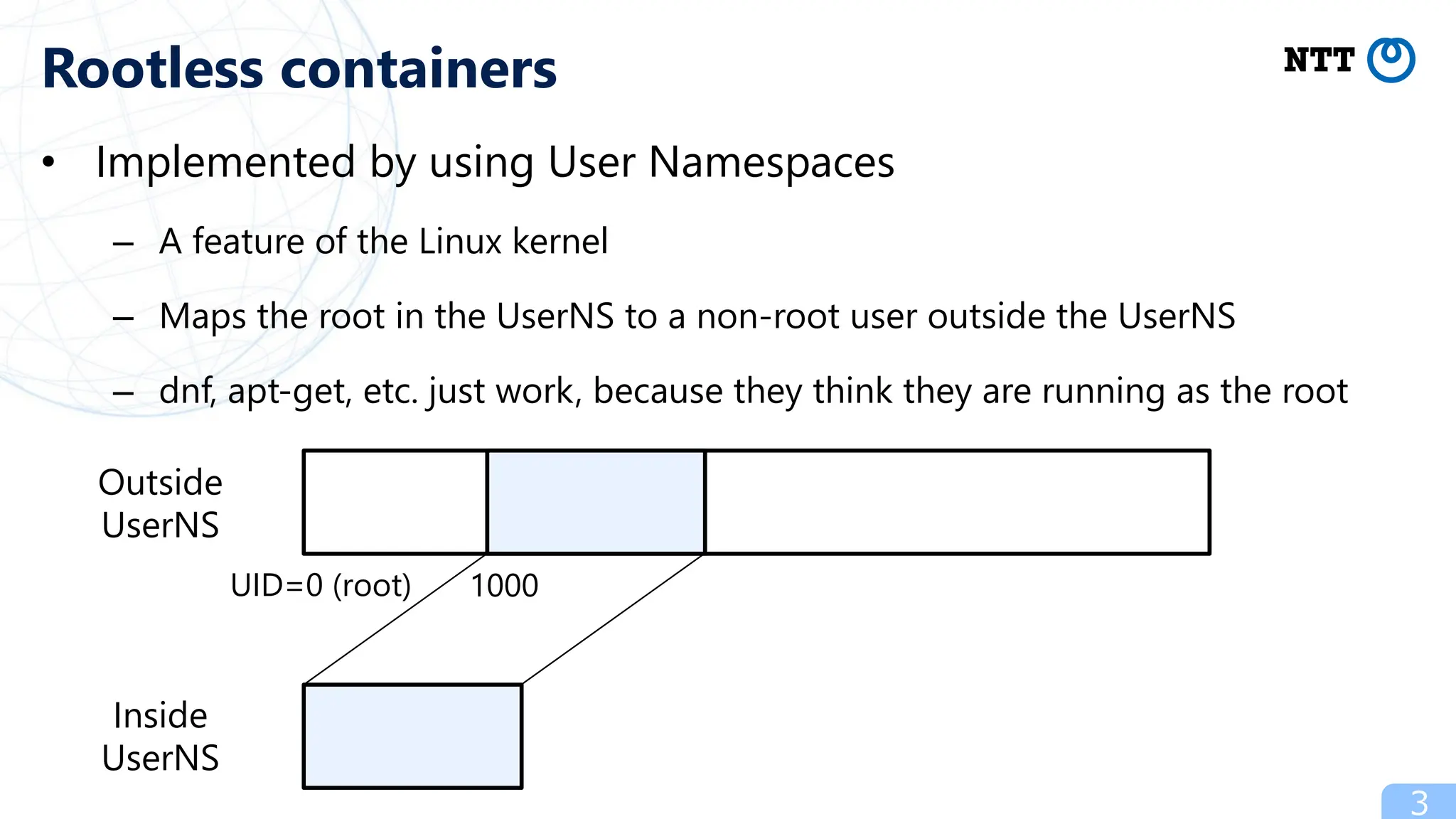 • Implemented by using User Namespaces
– A feature of the Linux kernel
– Maps the root in the UserNS to a non-root user outside the UserNS
– dnf, apt-get, etc. just work, because they think they are running as the root
3
Rootless containers
Outside
UserNS
Inside
UserNS
UID=0 (root) 1000
 