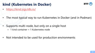 • https://kind.sigs.k8s.io/
• The most typical way to run Kubernetes in Docker (and in Podman)
• Supports multi-node, but only on a single host
– 1 kind container = 1 Kubernetes node
• Not intended to be used for production environments
7
kind (Kubernetes in Docker)
 