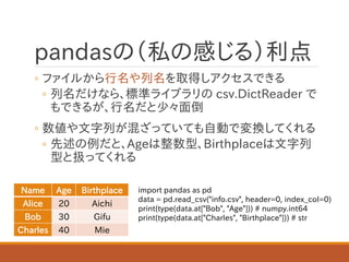 pandasの（私の感じる）利点
◦ ファイルから行名や列名を取得しアクセスできる
◦ 列名だけなら、標準ライブラリの csv.DictReader で
もできるが、行名だと少々面倒
◦ 数値や文字列が混ざっていても自動で変換してくれる
◦ 先述の例だと、Ageは整数型、Birthplaceは文字列
型と扱ってくれる
Name Age Birthplace
Alice 20 Aichi
Bob 30 Gifu
Charles 40 Mie
import pandas as pd
data = pd.read_csv("info.csv", header=0, index_col=0)
print(type(data.at["Bob", "Age"])) # numpy.int64
print(type(data.at["Charles", "Birthplace"])) # str
 