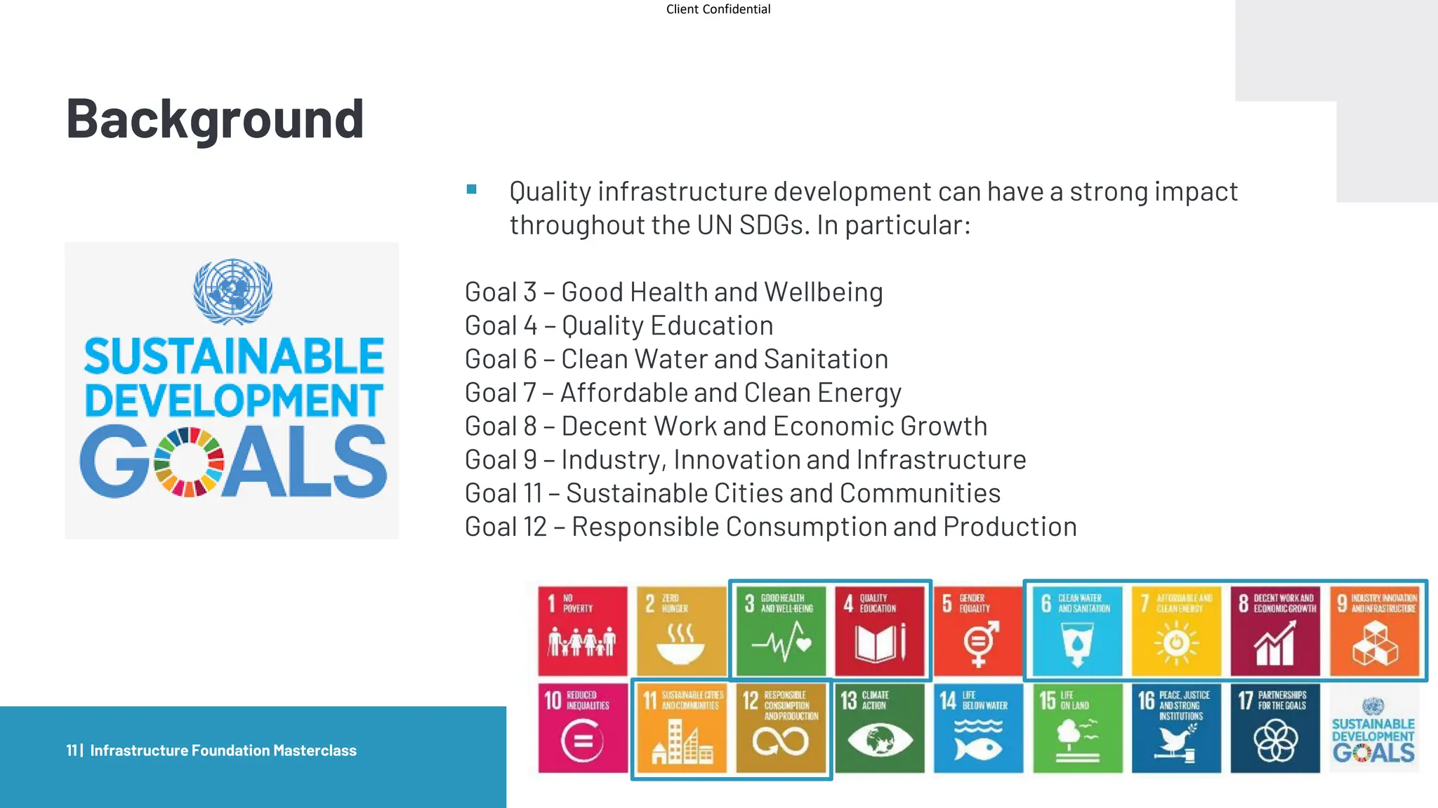 Client Confidential
Background
Infrastructure Foundation Masterclass
11 |
▪ Quality infrastructure development can have a strong impact
throughout the UN SDGs. In particular:
Goal 3 – Good Health and Wellbeing
Goal 4 – Quality Education
Goal 6 – Clean Water and Sanitation
Goal 7 – Affordable and Clean Energy
Goal 8 – Decent Work and Economic Growth
Goal 9 – Industry, Innovation and Infrastructure
Goal 11 – Sustainable Cities and Communities
Goal 12 – Responsible Consumption and Production
 