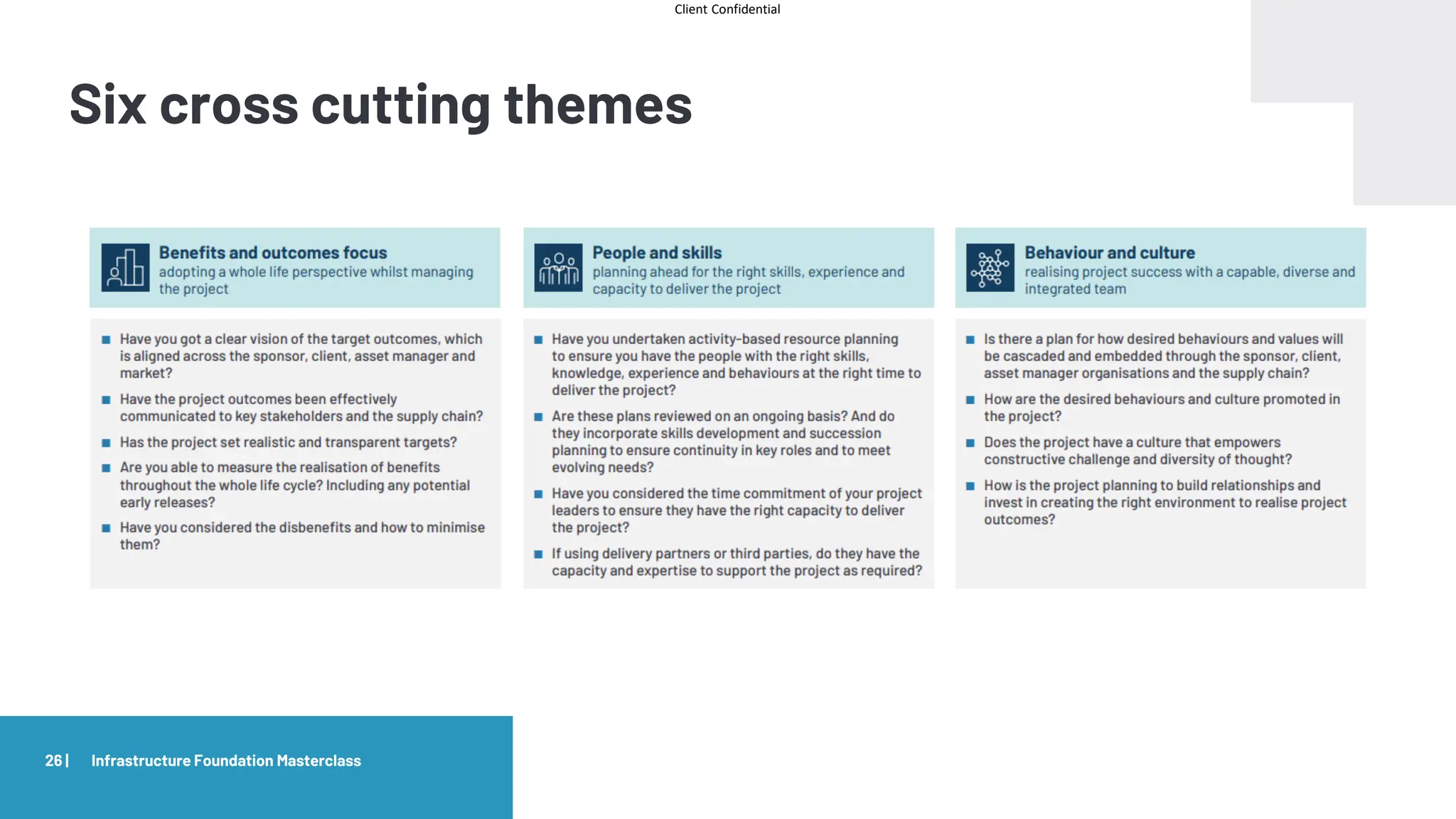 Client Confidential
Six cross cutting themes
26 | Infrastructure Foundation Masterclass
 