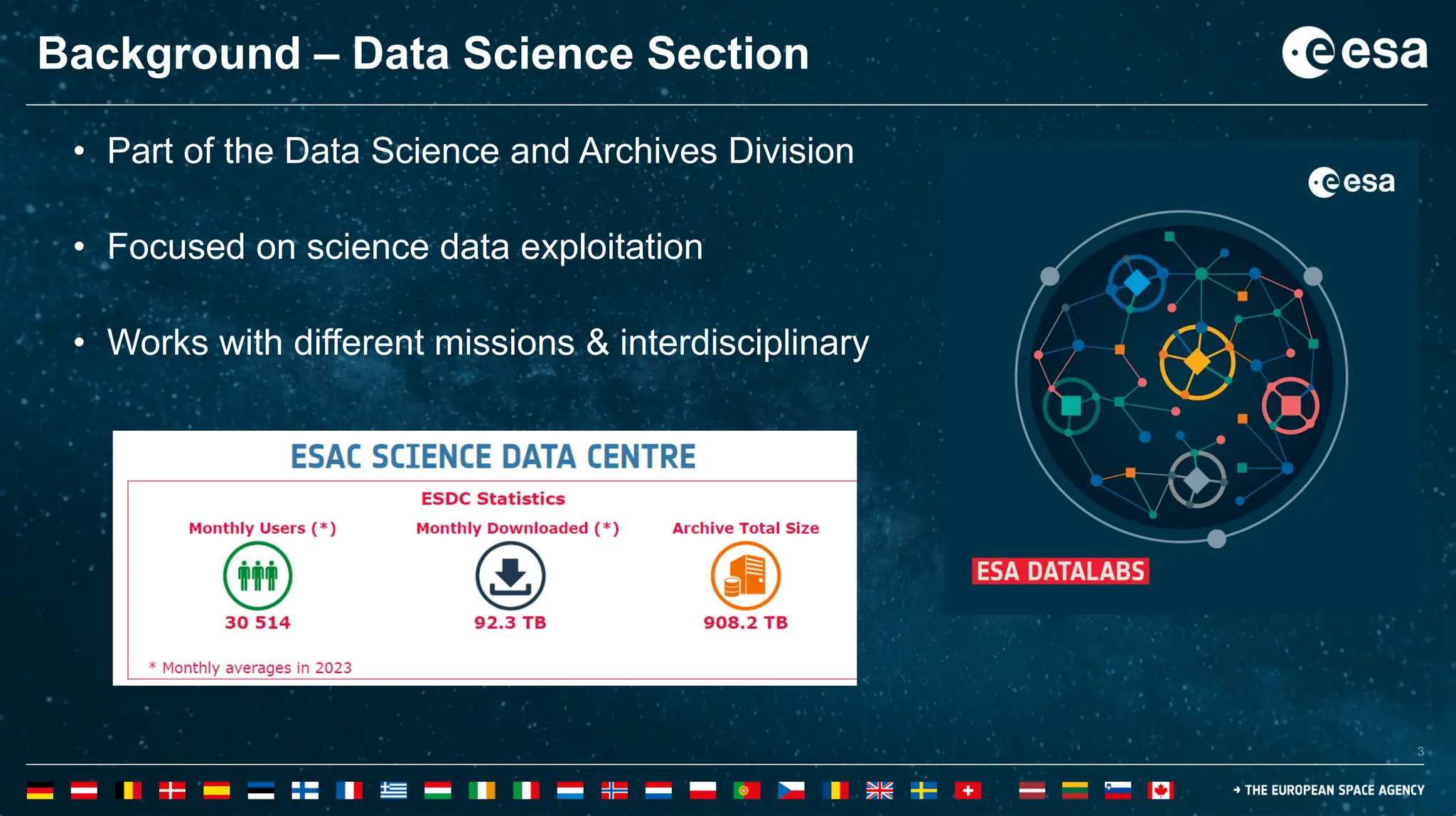 3
3
• Part of the Data Science and Archives Division
• Focused on science data exploitation
• Works with different missions & interdisciplinary
Background – Data Science Section
 