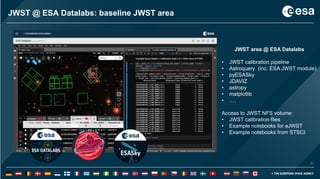 27
27
JWST @ ESA Datalabs: baseline JWST area
JWST area @ ESA Datalabs
• JWST calibration pipeline
• Astroquery (inc. ESA JWST module)
• pyESASky
• JDAVIZ
• astropy
• matplotlib
• ….
Access to JWST NFS volume:
• JWST calibration files
• Example notebooks for eJWST
• Example notebooks from STSCI
 
