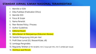 STANDAR JURNAL ILMIAH NASIONAL TERAKREDITASI
1. Memiliki e-ISSN
2. Etika Publikasi (Publication Ethics)
3. Memiliki DOI
4. Focus & Scope
5. Nama Penerbit
6. Peer-Review Policy / Process
7. Author Guidelines
8. Editiorial Board
9. Mitra Bestari & Pekerjaannya (Dokumen Review)
10. Statistik Pengunjung Unik per-Hari
11. Profil Sitasi Jurnal (GS, ResearchGate, dll)
12. Lembaga Pengindeks
13. Regularity Terbitan (2 thn terakhir, min 2 issue per-thn, min 5 artikel per-issue)
14. Distribusi asal Penulis
 