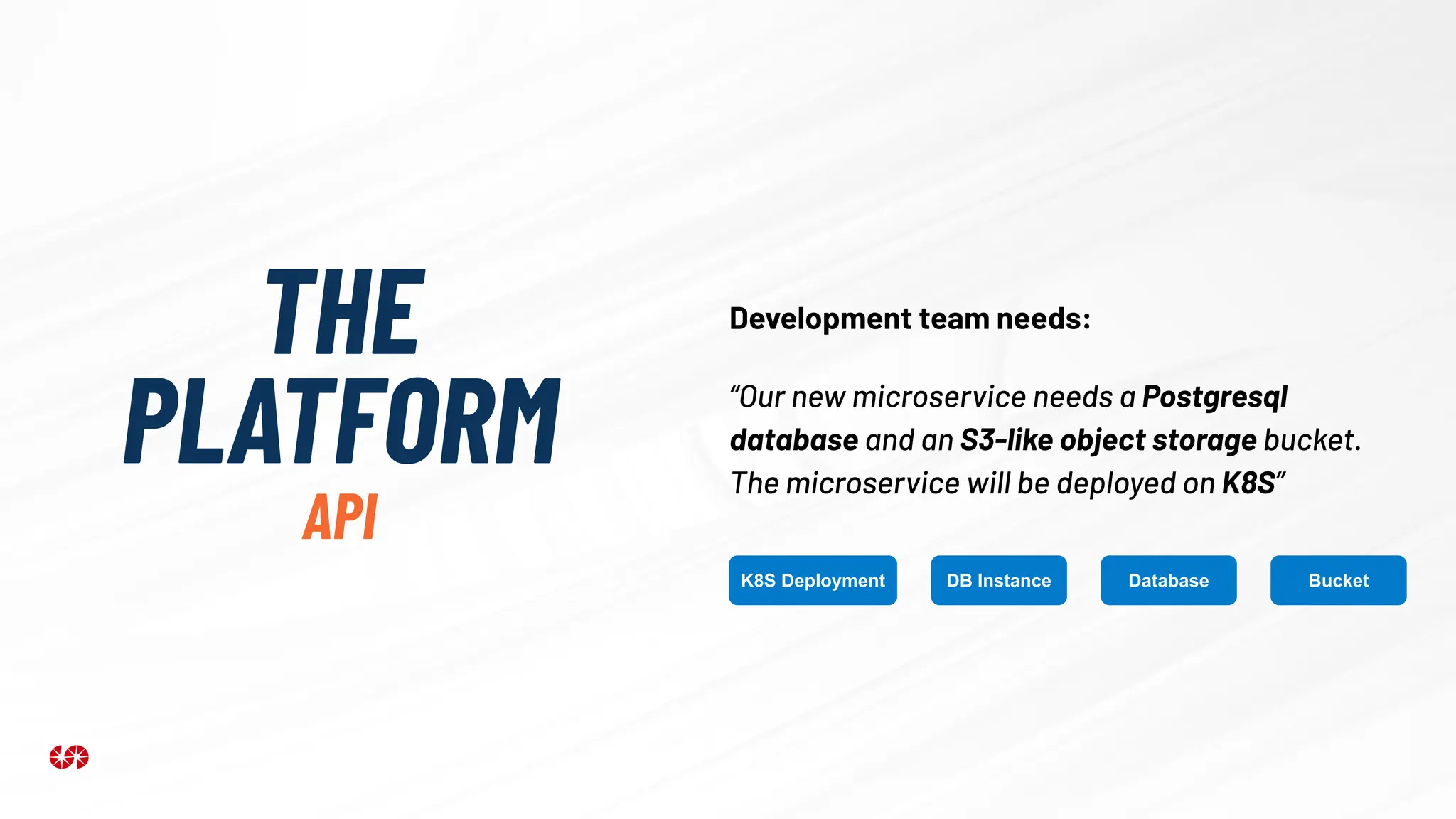THE
PLATFORM
API
Development team needs:
“Our new microservice needs a Postgresql
database and an S3-like object storage bucket.
The microservice will be deployed on K8S”
K8S Deployment Bucket
DB Instance Database
 