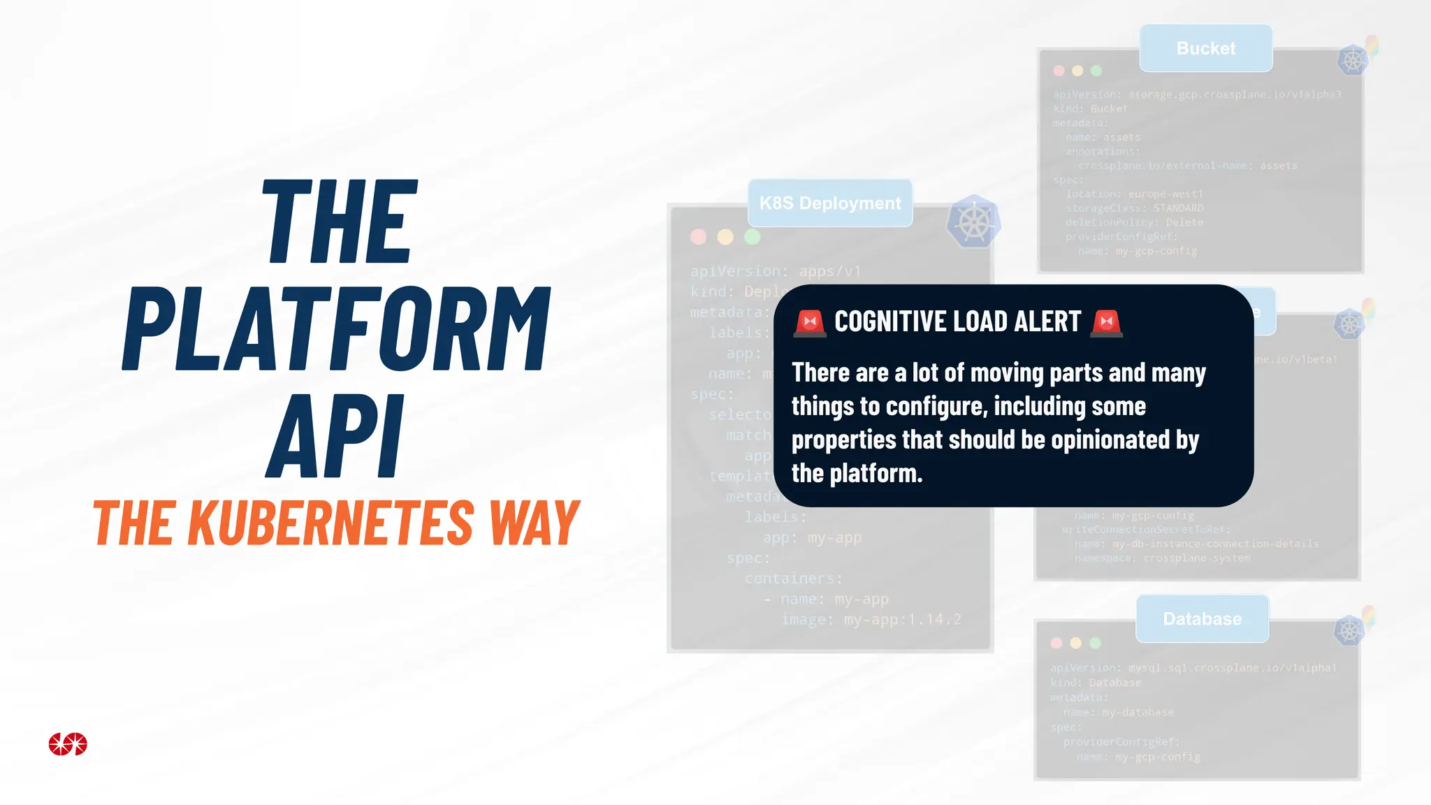 THE
PLATFORM
API
THE KUBERNETES WAY
DB Instance
Database
K8S Deployment
Bucket
🚨 COGNITIVE LOAD ALERT 🚨
There are a lot of moving parts and many
things to conﬁgure, including some
properties that should be opinionated by
the platform.
 