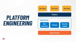 PLATFORM
ENGINEERING
Cloud Services
Organization
Best
practices
Policies
Security
models
Platform
Dev team Dev team
Dev team
 