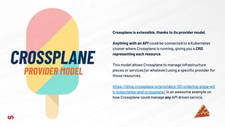 Crossplane is extensible, thanks to its provider model.
Anything with an API could be connected to a Kubernetes
cluster where Crossplane is running, giving you a CRD
representing each resource.
This model allows Crossplane to manage infrastructure
pieces or services (or whatever) using a speciﬁc provider for
those resources.
https://blog.crossplane.io/providers-101-ordering-pizza-wit
h-kubernetes-and-crossplane/ is an awesome example on
how Crossplane could manage any API driven service.
CROSSPLANE
PROVIDER MODEL
 