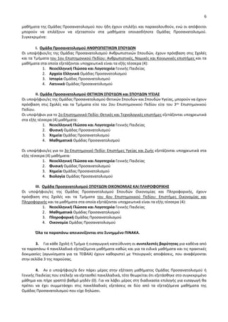 6
μαθήματα της Ομάδας Προσανατολισμού που ήδη έχουν επιλέξει και παρακολουθούν, ενώ οι απόφοιτοι
μπορούν να επιλέξουν να εξεταστούν στα μαθήματα οποιασδήποτε Ομάδας Προσανατολισμού.
Συγκεκριμένα:
Ι. Ομάδα Προσανατολισμού ΑΝΘΡΩΠΙΣΤΙΚΩΝ ΣΠΟΥΔΩΝ
Οι υποψήφιοι/ες της Ομάδας Προσανατολισμού Ανθρωπιστικών Σπουδών, έχουν πρόσβαση στις Σχολές
και τα Τμήματα του 1ου Επιστημονικού Πεδίου: Ανθρωπιστικές, Νομικές και Κοινωνικές επιστήμες και τα
μαθήματα στα οποία εξετάζονται υποχρεωτικά είναι τα εξής τέσσερα (4):
1. Νεοελληνική Γλώσσα και Λογοτεχνία Γενικής Παιδείας
2. Αρχαία Ελληνικά Ομάδας Προσανατολισμού
3. Ιστορία Ομάδας Προσανατολισμού
4. Λατινικά Ομάδας Προσανατολισμού
II. Ομάδα Προσανατολισμού ΘΕΤΙΚΩΝ ΣΠΟΥΔΩΝ και ΣΠΟΥΔΩΝ ΥΓΕΙΑΣ
Οι υποψήφιοι/ες της Ομάδας Προσανατολισμού Θετικών Σπουδών και Σπουδών Υγείας, μπορούν να έχουν
πρόσβαση στις Σχολές και τα Τμήματα είτε του 2ου Επιστημονικού Πεδίου είτε του 3ου Επιστημονικού
Πεδίου.
Οι υποψήφιοι για το 2ο Επιστημονικό Πεδίο: Θετικές και Τεχνολογικές επιστήμες εξετάζονται υποχρεωτικά
στα εξής τέσσερα (4) μαθήματα:
1. Νεοελληνική Γλώσσα και Λογοτεχνία Γενικής Παιδείας
2. Φυσική Ομάδας Προσανατολισμού
3. Χημεία Ομάδας Προσανατολισμού
4. Μαθηματικά Ομάδας Προσανατολισμού
Οι υποψήφιοι/ες για το 3ο Επιστημονικό Πεδίο: Επιστήμες Υγείας και Ζωής εξετάζονται υποχρεωτικά στα
εξής τέσσερα (4) μαθήματα:
1. Νεοελληνική Γλώσσα και Λογοτεχνία Γενικής Παιδείας
2. Φυσική Ομάδας Προσανατολισμού
3. Χημεία Ομάδας Προσανατολισμού
4. Βιολογία Ομάδας Προσανατολισμού
IΙΙ. Ομάδα Προσανατολισμού ΣΠΟΥΔΩΝ ΟΙΚΟΝΟΜΙΑΣ ΚΑΙ ΠΛΗΡΟΦΟΡΙΚΗΣ
Oι υποψήφιοι/ες της Ομάδας Προσανατολισμού Σπουδών Οικονομίας και Πληροφορικής, έχουν
πρόσβαση στις Σχολές και τα Τμήματα του 4ου Επιστημονικού Πεδίου: Επιστήμες Οικονομίας και
Πληροφορικής και τα μαθήματα στα οποία εξετάζονται υποχρεωτικά είναι τα εξής τέσσερα (4):
1. Νεοελληνική Γλώσσα και Λογοτεχνία Γενικής Παιδείας
2. Μαθηματικά Ομάδας Προσανατολισμού
3. Πληροφορική Ομάδας Προσανατολισμού
4. Οικονομία Ομάδας Προσανατολισμού
Όλα τα παραπάνω απεικονίζονται στο Συνημμένο ΠΙΝΑΚΑ.
3. Για κάθε Σχολή ή Τμήμα ή εισαγωγική κατεύθυνση οι συντελεστές βαρύτητας για καθένα από
τα παραπάνω 4 πανελλαδικά εξεταζόμενα μαθήματα καθώς και για τα ειδικά μαθήματα και τις πρακτικές
δοκιμασίες (αγωνίσματα για τα ΤΕΦΑΑ) έχουν καθοριστεί με Υπουργικές αποφάσεις, που αναφέρονται
στην σελίδα 3 της παρούσας.
4. Αν ο υποψήφιος/α δεν πάρει μέρος στην εξέταση μαθήματος Ομάδας Προσανατολισμού ή
Γενικής Παιδείας που επέλεξε να εξετασθεί πανελλαδικά, τότε θεωρείται ότι εξετάσθηκε στο συγκεκριμένο
μάθημα και πήρε γραπτό βαθμό μηδέν (0). Για να λάβει μέρος στη διαδικασία επιλογής για εισαγωγή θα
πρέπει να έχει συμμετάσχει στις πανελλαδικές εξετάσεις σε δύο από τα εξεταζόμενα μαθήματα της
Ομάδας Προσανατολισμού που είχε δηλώσει.
 