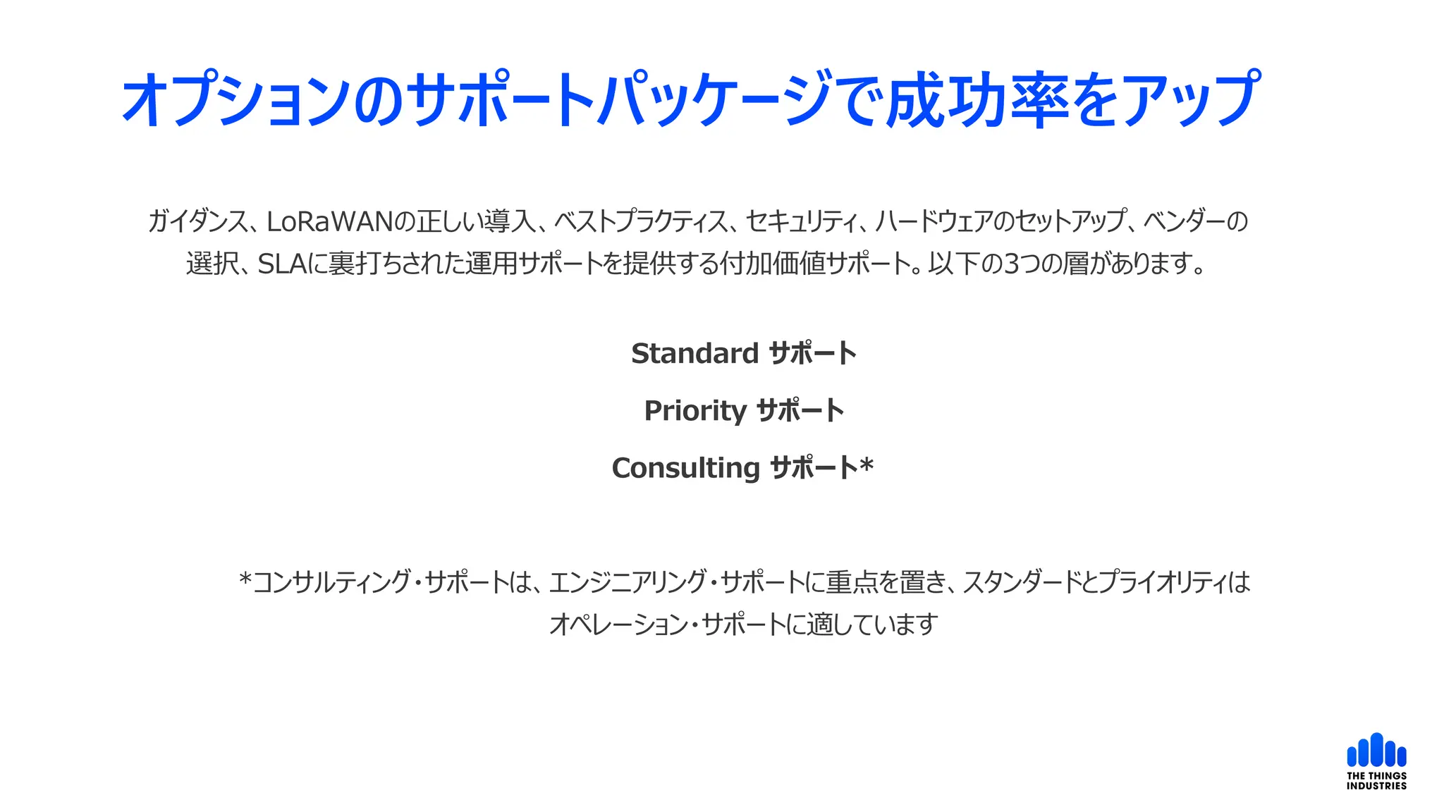 オプションのサポートパッケージで成功率をアップ
ガイダンス、LoRaWANの正しい導入、ベストプラクティス、セキュリティ、ハードウェアのセットアップ、ベンダーの
選択、SLAに裏打ちされた運用サポートを提供する付加価値サポート。以下の3つの層があります。
Standard サポート
Priority サポート
Consulting サポート*
*コンサルティング・サポートは、エンジニアリング・サポートに重点を置き、スタンダードとプライオリティは
オペレーション・サポートに適しています
 