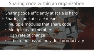 • Sharing code efficiently at scale is hard
• Sharing code at scale means:
• Multiple modules that share code
• Multiple team members
• High rate of change
• Little to no loss of individual productivity
Sharing code within an organization
Source: https://medium.com/@jeffwhelpley/the-problem-with-shared-code-124a20fc3d3b
 