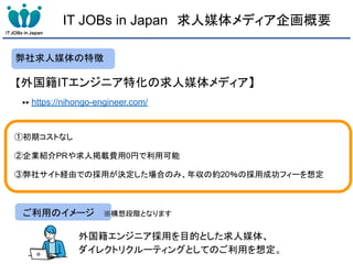 IT JOBs in Japan 求人媒体メディア企画概要
ご利用のイメージ ※構想段階となります
弊社求人媒体の特徴
【外国籍ITエンジニア特化の求人媒体メディア】
▶▶ https://nihongo-engineer.com/
①初期コストなし
②企業紹介PRや求人掲載費用0円で利用可能
③弊社サイト経由での採用が決定した場合のみ、年収の約20％の採用成功フィーを想定
外国籍エンジニア採用を目的とした求人媒体、
ダイレクトリクルーティングとしてのご利用を想定。
 