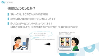 研修はどうだったか？
▌5月〜7月、まるまる3ヶ月の研修期間
▌座学研修と課題研修の二つをこなしていきます
▌少人数のチームにメンターがついてくれます！
研修の質問をしたり、会社や働き方についてなど、気軽に相談できます
11
サーバー? ネットワーク？
よく分からないから調べる！
(同期の多くがこれくらいのレベルから始めました)
週２回の相談タイムで質問したり
直接チャットで質問したり…
 