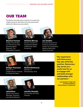 OUR TEAM
The Democracy Day team consists of a small and
mighty group of volunteers who are passionate
about pro-democracy journalism.
Beatrice Forman
Project Coordinator,
U.S. Democracy Day;
Breaking News
Reporter, The
Philadelphia Inquirer
Stefanie Murray
Director, Center for
Cooperative Media
at Montclair State
University
Joe Amditis
Assistant Director for
Products and Events,
Center for Cooperative
Media at Montclair
State University
Bridget Thoreson
Director of
Collaborations, Institute
for Nonprofit News
Rachel Glickhouse
Director of
Partnerships, Grist
Jaisal Noor
Democracy Cohort
Manager, Solutions
Journalism Network
Jennifer Brandel
Co-Founder and CEO,
Hearken
“Our experience
with Democracy
Day was uniformly
positive. Democracy
Day serves as a
useful tool for us
to engage with
and build stronger
relationships with
our partners.”
—LEE PEDINOFF, DIRECTOR
OF DEVELOPMENT &
OPERATIONS AT FLOODLIGHT
1 1
DEMOCRACY DAY 2023 IMPACT REPORT
 