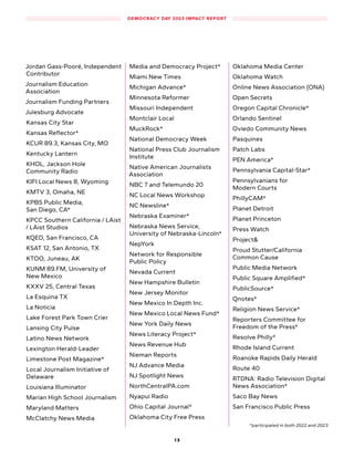 *participated in both 2022 and 2023
Jordan Gass-Pooré, Independent
Contributor
Journalism Education
Association
Journalism Funding Partners
Julesburg Advocate
Kansas City Star
Kansas Reflector*
KCUR 89.3, Kansas City, MO
Kentucky Lantern
KHOL, Jackson Hole
Community Radio
KIFI Local News 8, Wyoming
KMTV 3, Omaha, NE
KPBS Public Media,
San Diego, CA*
KPCC Southern California / LAist
/ LAist Studios
KQED, San Francisco, CA
KSAT 12, San Antonio, TX
KTOO, Juneau, AK
KUNM 89.FM, University of
New Mexico
KXXV 25, Central Texas
La Esquina TX
La Noticia
Lake Forest Park Town Crier
Lansing City Pulse
Latino News Network
Lexington Herald-Leader
Limestone Post Magazine*
Local Journalism Initiative of
Delaware
Louisiana Illuminator
Marian High School Journalism
Maryland Matters
McClatchy News Media
Media and Democracy Project*
Miami New Times
Michigan Advance*
Minnesota Reformer
Missouri Independent
Montclair Local
MuckRock*
National Democracy Week
National Press Club Journalism
Institute
Native American Journalists
Association
NBC 7 and Telemundo 20
NC Local News Workshop
NC Newsline*
Nebraska Examiner*
Nebraska News Service,
University of Nebraska-Lincoln*
NepYork
Network for Responsible
Public Policy
Nevada Current
New Hampshire Bulletin
New Jersey Monitor
New Mexico In Depth Inc.
New Mexico Local News Fund*
New York Daily News
News Literacy Project*
News Revenue Hub
Nieman Reports
NJ Advance Media
NJ Spotlight News
NorthCentralPA.com
Nyapui Radio
Ohio Capital Journal*
Oklahoma City Free Press
Oklahoma Media Center
Oklahoma Watch
Online News Association (ONA)
Open Secrets
Oregon Capital Chronicle*
Orlando Sentinel
Oviedo Community News
Pasquines
Patch Labs
PEN America*
Pennsylvania Capital-Star*
Pennsylvanians for
Modern Courts
PhillyCAM*
Planet Detroit
Planet Princeton
Press Watch
Project&
Proud Stutter/California
Common Cause
Public Media Network
Public Square Amplified*
PublicSource*
Qnotes*
Religion News Service*
Reporters Committee for
Freedom of the Press*
Resolve Philly*
Rhode Island Current
Roanoke Rapids Daily Herald
Route 40
RTDNA: Radio Television Digital
News Association*
Saco Bay News
San Francisco Public Press
1 3
DEMOCRACY DAY 2023 IMPACT REPORT
 