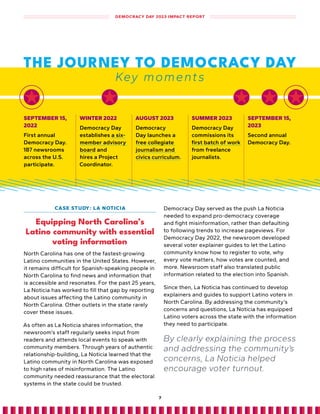 SEPTEMBER 15,
2022
First annual
Democracy Day .
187 newsrooms
across the U .S .
participate .
WINTER 2022
Democracy Day
establishes a six-
member advisory
board and
hires a Project
Coordinator .
AUGUST 2023
Democracy
Day launches a
free collegiate
journalism and
civics curriculum .
SUMMER 2023
Democracy Day
commissions its
first batch of work
from freelance
journalists .
SEPTEMBER 15,
2023
Second annual
Democracy Day .
THE JOURNEY TO DEMOCRACY DAY
Key moments
CASE STUDY: LA NOTICIA
Equipping North Carolina’s
Latino community with essential
voting information
North Carolina has one of the fastest-growing
Latino communities in the United States. However,
it remains difficult for Spanish-speaking people in
North Carolina to find news and information that
is accessible and resonates. For the past 25 years,
La Noticia has worked to fill that gap by reporting
about issues affecting the Latino community in
North Carolina. Other outlets in the state rarely
cover these issues.
As often as La Noticia shares information, the
newsroom’s staff regularly seeks input from
readers and attends local events to speak with
community members. Through years of authentic
relationship-building, La Noticia learned that the
Latino community in North Carolina was exposed
to high rates of misinformation. The Latino
community needed reassurance that the electoral
systems in the state could be trusted.
Democracy Day served as the push La Noticia
needed to expand pro-democracy coverage
and fight misinformation, rather than defaulting
to following trends to increase pageviews. For
Democracy Day 2022, the newsroom developed
several voter explainer guides to let the Latino
community know how to register to vote, why
every vote matters, how votes are counted, and
more. Newsroom staff also translated public
information related to the election into Spanish.
Since then, La Noticia has continued to develop
explainers and guides to support Latino voters in
North Carolina. By addressing the community’s
concerns and questions, La Noticia has equipped
Latino voters across the state with the information
they need to participate.
By clearly explaining the process
and addressing the community’s
concerns, La Noticia helped
encourage voter turnout.
7
DEMOCRACY DAY 2023 IMPACT REPORT
 
