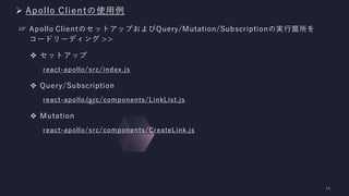 ➢ Apollo Clientの使用例
☞ Apollo ClientのセットアップおよびQuery/Mutation/Subscriptionの実行箇所を
コードリーディング >>
❖ セットアップ
react-apollo/src/index.js
❖ Query/Subscription
react-apollo/src/components/LinkList.js
❖ Mutation
react-apollo/src/components/CreateLink.js
 