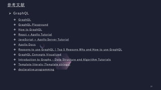 参考文献
➢ GraphQL
❖ GraphQL
❖ GraphQL Playground
❖ How to GraphQL
❖ React + Apollo Tutorial
❖ JavaScript + Apollo Server Tutorial
❖ Apollo Docs
❖ Reasons to use GraphQL | Top 5 Reasons Why and How to use GraphQL
❖ GraphQL Concepts Visualized
❖ Introduction to Graphs – Data Structure and Algorithm Tutorials
❖ Template literals (Template strings)
❖ declarative programming
 