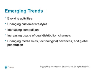 Copyright © 2018 Pearson Education, Ltd. All Rights Reserved.
Emerging Trends
• Evolving activities
• Changing customer lifestyles
• Increasing competition
• Increasing usage of dual distribution channels
• Changing media roles, technological advances, and global
penetration
 